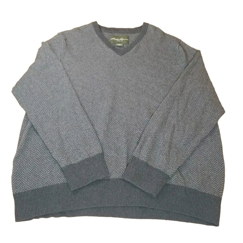 Eddie Bauer Cashmere V-neck Sweater Men Sz 2X Eclectic Grandpa Grey Herringbone